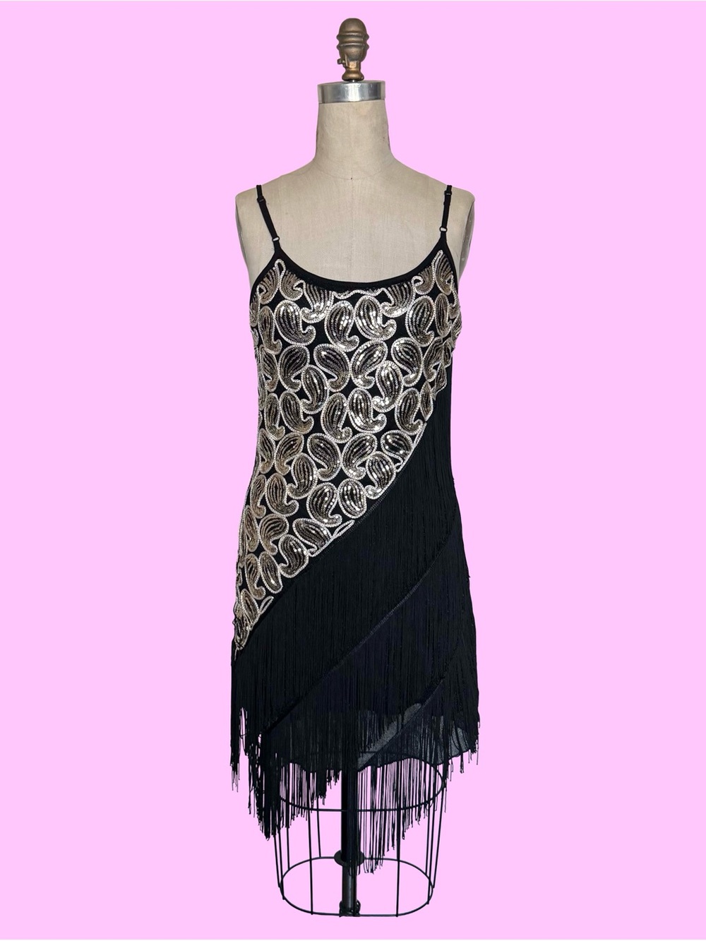 Black Fringe Slip Dress with Silver Sequin Swirl Panel